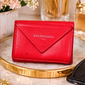 AUTHENTIC BALENCIAGA RED LEATHER MINI TRI-FOLD WALLET PAPIER MACHE ITALY